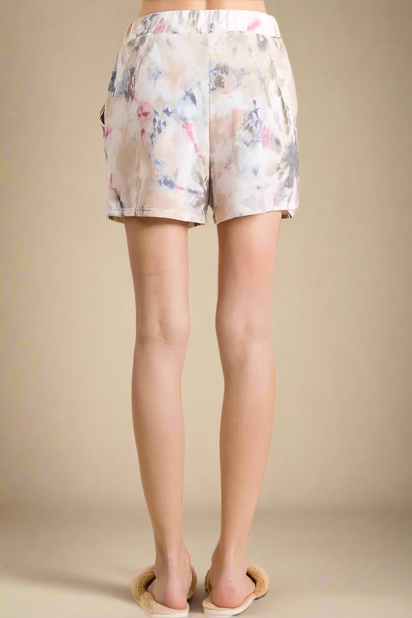 BiBi - Taupe & Lavender Cloud Tie - Dye Drawstring Shorts