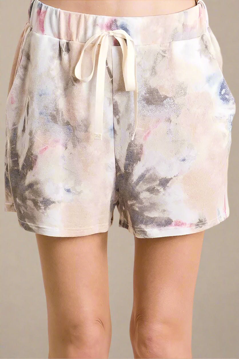BiBi - Taupe & Lavender Cloud Tie - Dye Drawstring Shorts