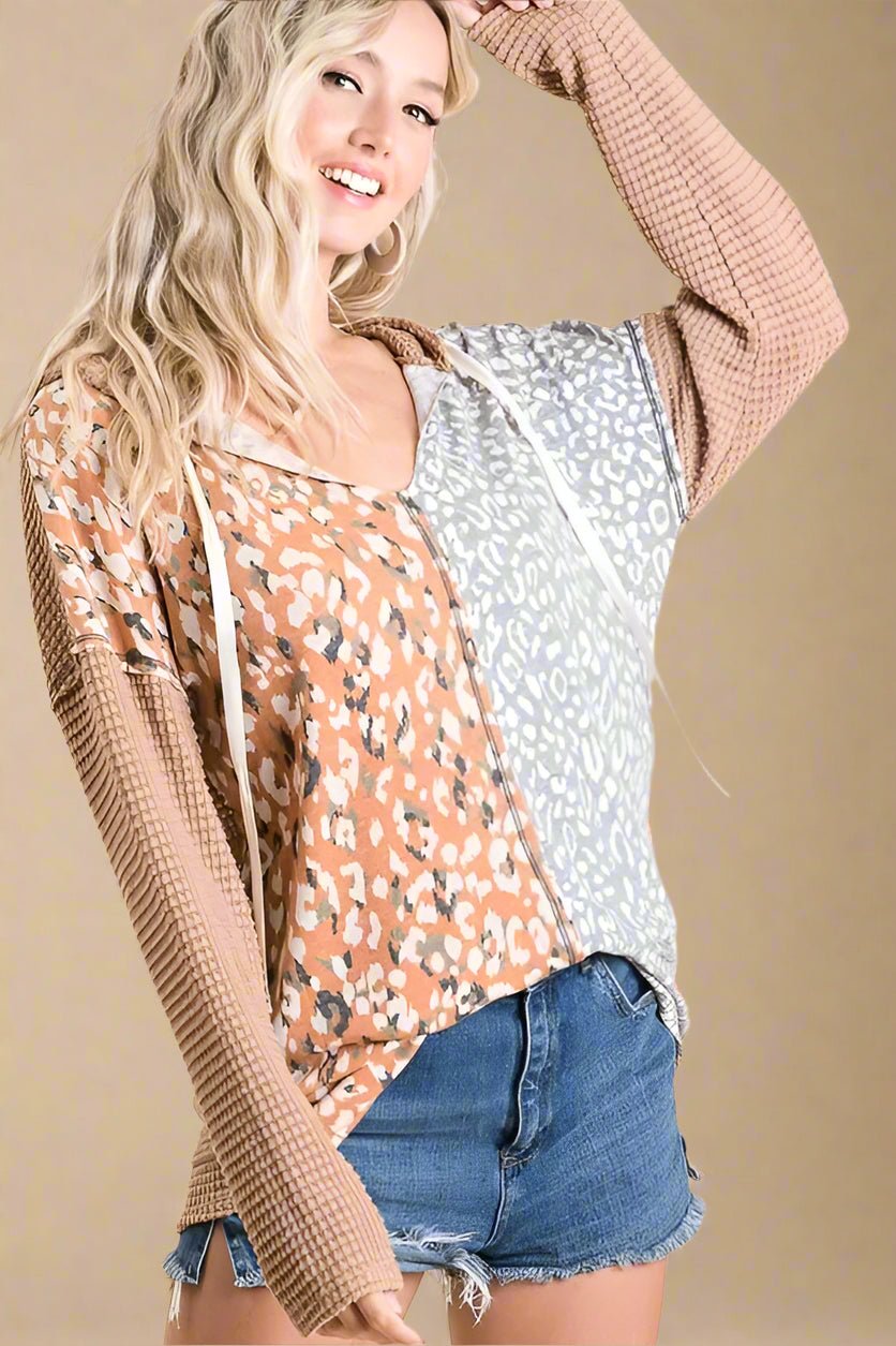 BiBi - Taupe & Mustard Mixed Print Waffle Knit Hoodie