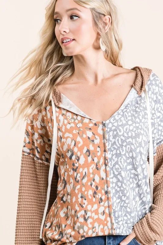 BiBi - Taupe & Mustard Mixed Print Waffle Knit Hoodie