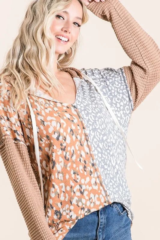 BiBi - Taupe & Mustard Mixed Print Waffle Knit Hoodie