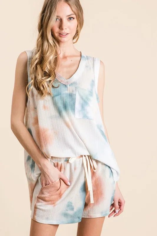BiBi - Teal & Clay Tie - Dye Waffle Tank and Shorts Set