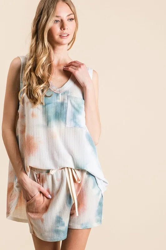 BiBi - Teal & Clay Tie - Dye Waffle Tank and Shorts Set