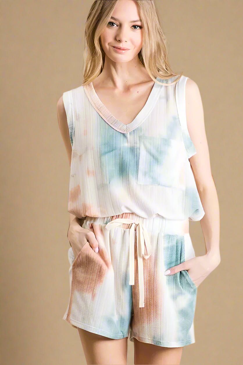 BiBi - Teal & Clay Tie - Dye Waffle Tank and Shorts Set
