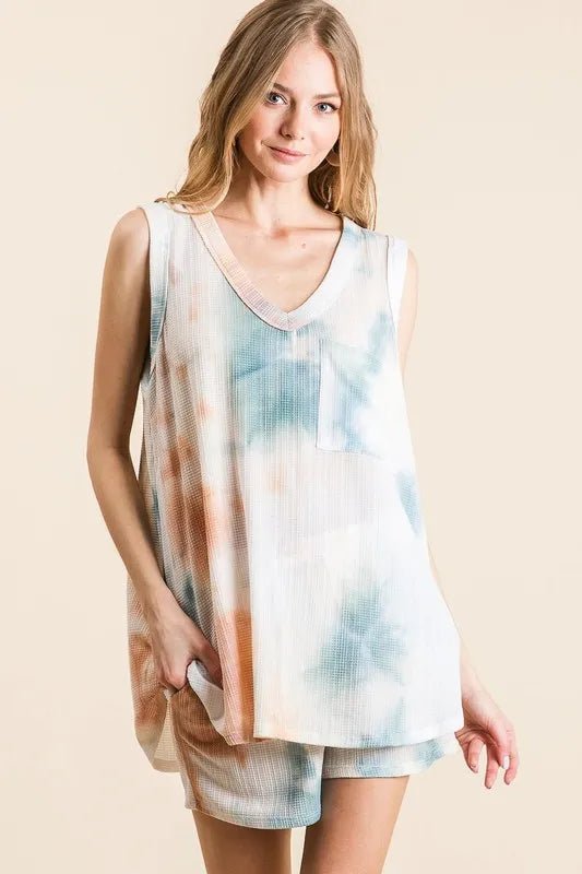 BiBi - Teal & Clay Tie - Dye Waffle Tank and Shorts Set