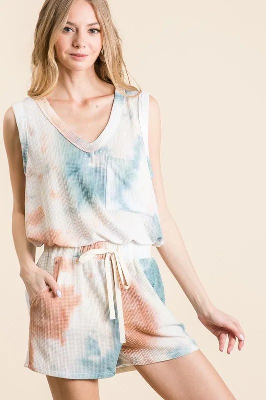 BiBi - Teal & Clay Tie - Dye Waffle Tank and Shorts Set