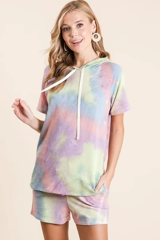 BiBi - Terry Knit Tie - Dye Hoodie Tee in Pastel Rainbow