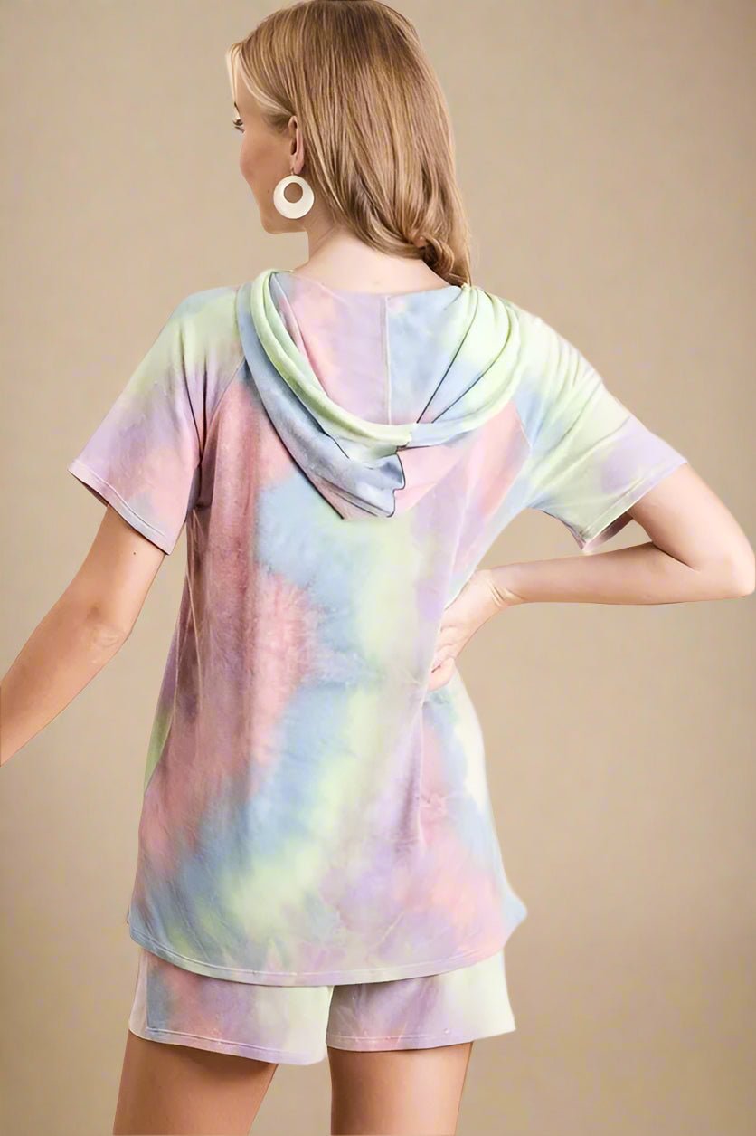 BiBi - Terry Knit Tie - Dye Hoodie Tee in Pastel Rainbow