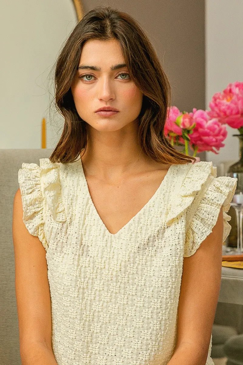 BiBi - Textured Ruffle Sleeve Top in Soft Butter Yellow