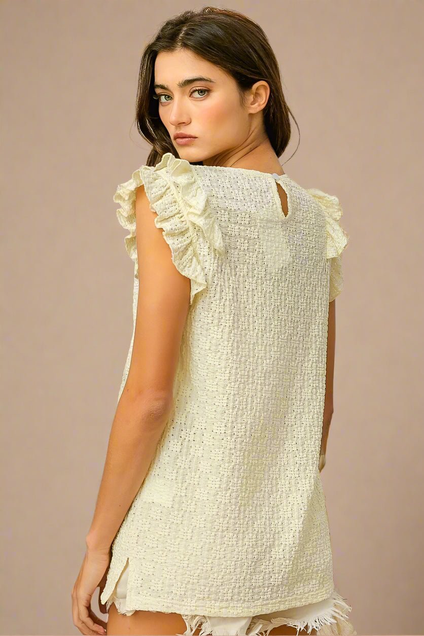 BiBi - Textured Ruffle Sleeve Top in Soft Butter Yellow