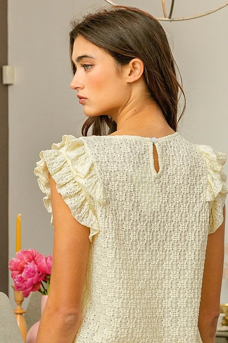BiBi - Textured Ruffle Sleeve Top in Soft Butter Yellow