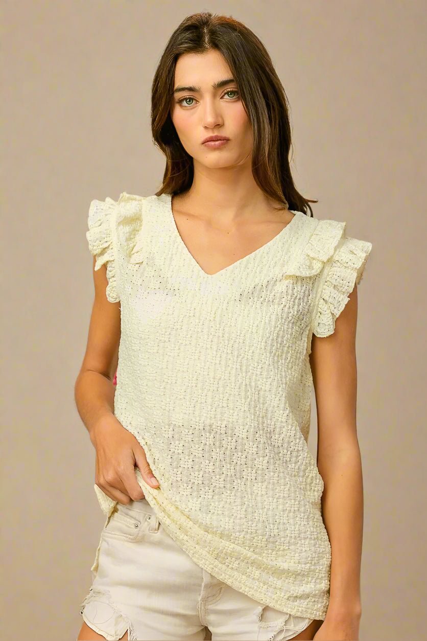BiBi - Textured Ruffle Sleeve Top in Soft Butter Yellow