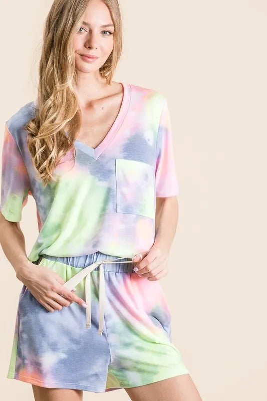 BiBi - Tie Dye Drawstring Lounge Shorts in Blue & Green