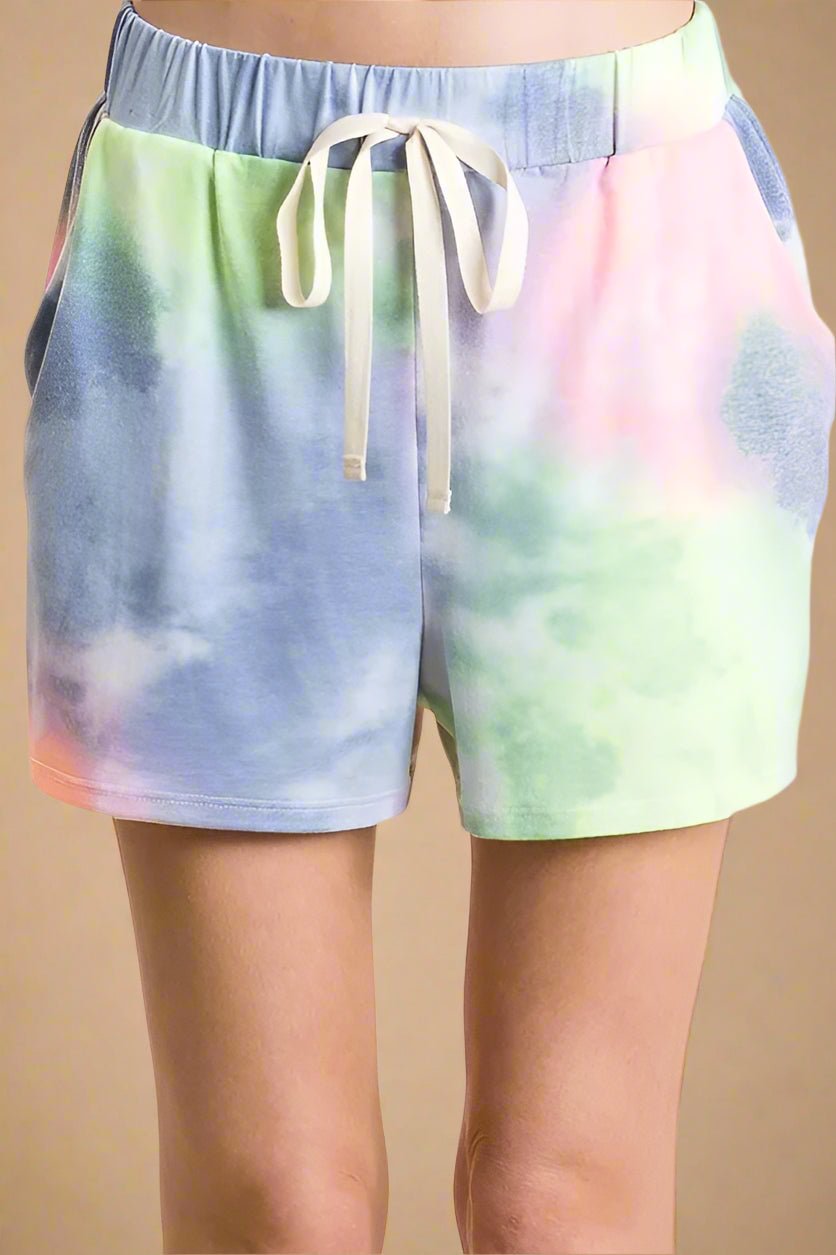 BiBi - Tie Dye Drawstring Lounge Shorts in Blue & Green