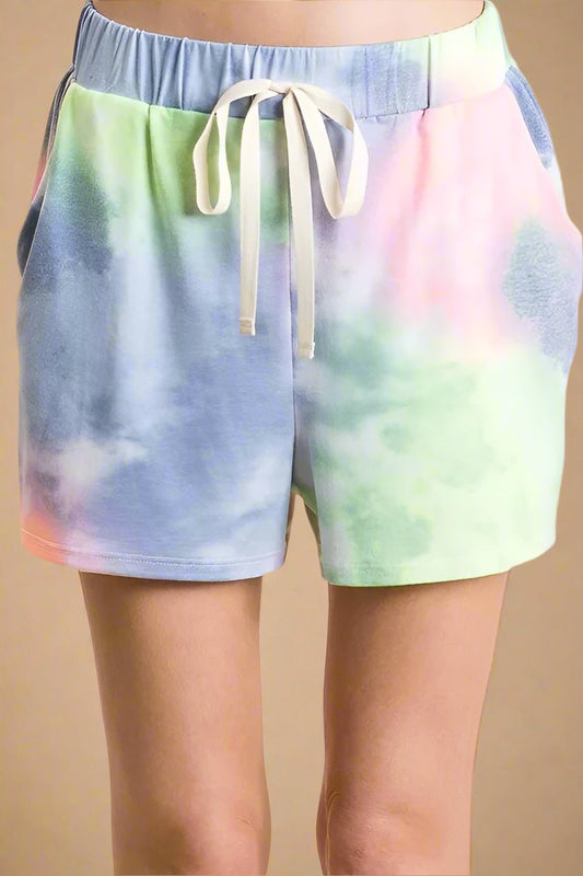 BiBi - Tie Dye Drawstring Lounge Shorts in Blue & Green