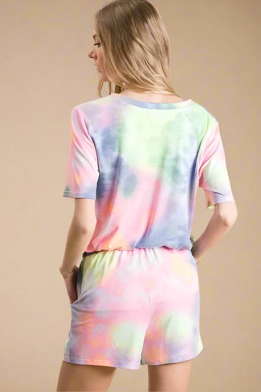 BiBi - Tie Dye Drawstring Lounge Shorts in Blue & Green