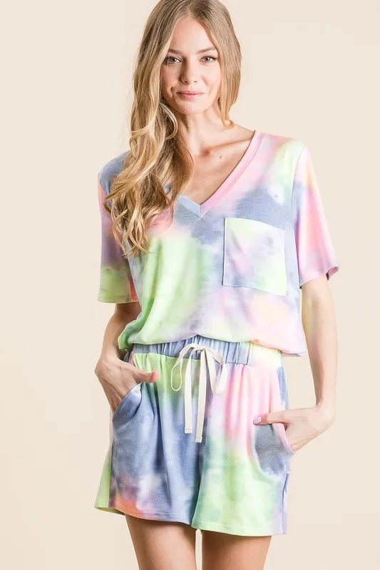 BiBi - Tie Dye Drawstring Lounge Shorts in Blue & Green