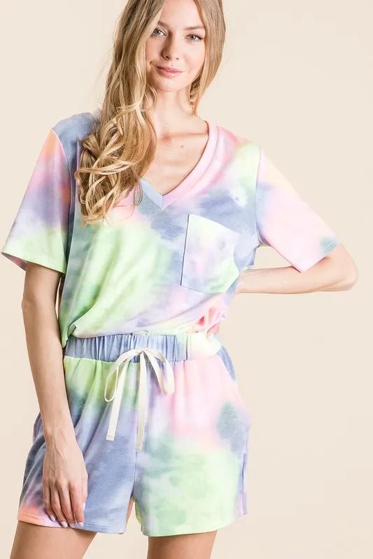 BiBi - Tie Dye Drawstring Lounge Shorts in Blue & Green