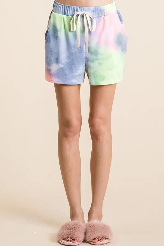BiBi - Tie Dye Drawstring Lounge Shorts in Blue & Green