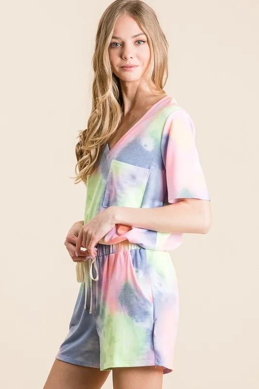 BiBi - Tie Dye Drawstring Lounge Shorts in Blue & Green