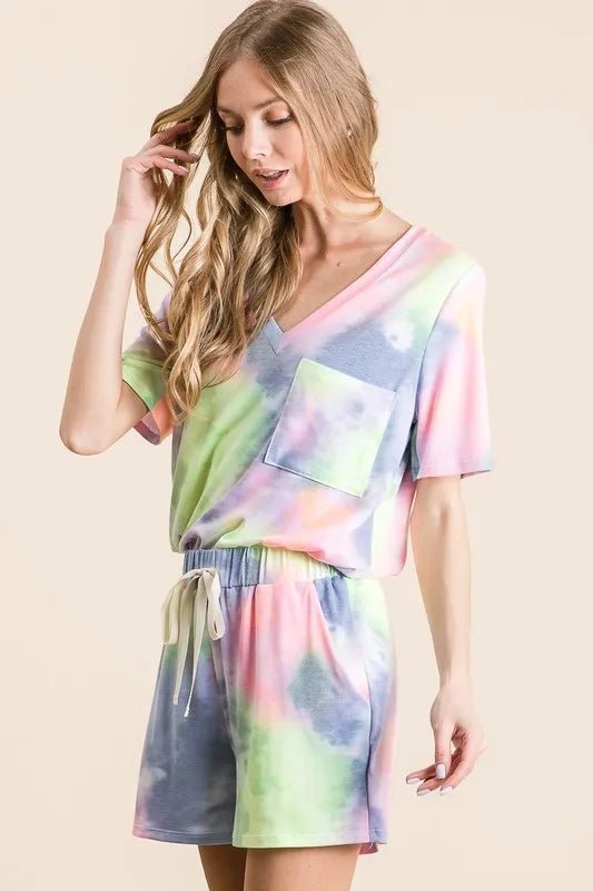 BiBi - Tie Dye Drawstring Lounge Shorts in Blue & Green