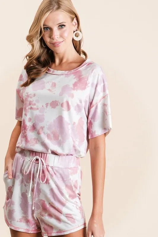 BiBi - Tie Dye Drawstring Lounge Shorts in Blush & White