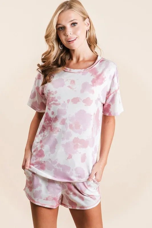 BiBi - Tie Dye Drawstring Lounge Shorts in Blush & White