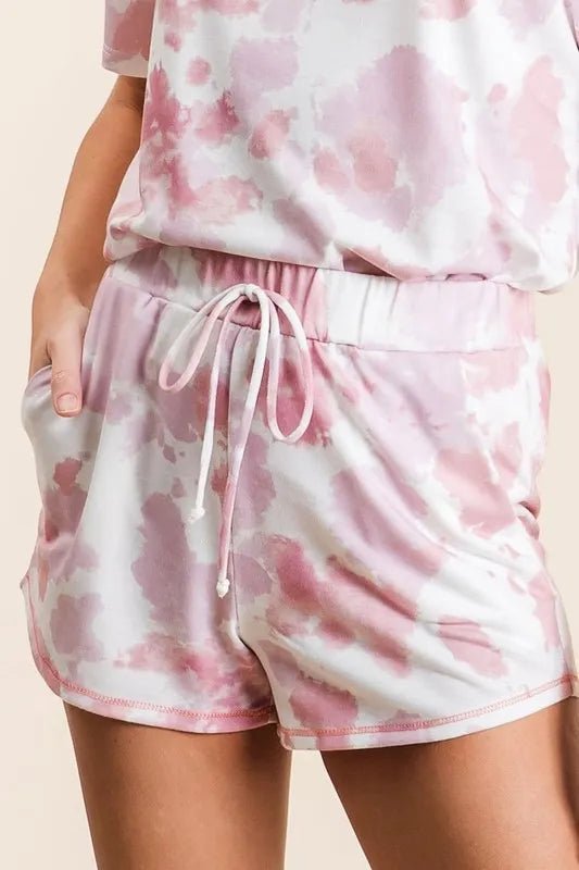 BiBi - Tie Dye Drawstring Lounge Shorts in Blush & White