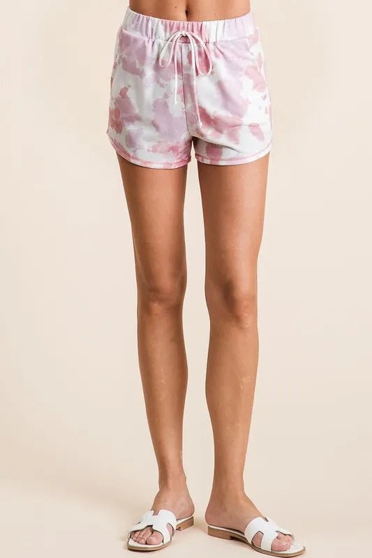 BiBi - Tie Dye Drawstring Lounge Shorts in Blush & White