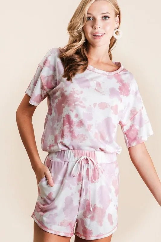 BiBi - Tie Dye Drawstring Lounge Shorts in Blush & White