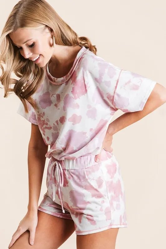 BiBi - Tie Dye Drawstring Lounge Shorts in Blush & White