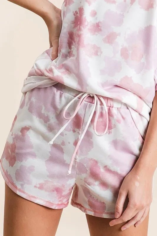 BiBi - Tie Dye Drawstring Lounge Shorts in Blush & White