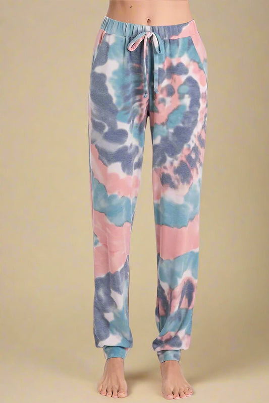 BiBi - Tie Dye Fleece Joggers in Blue & Blush