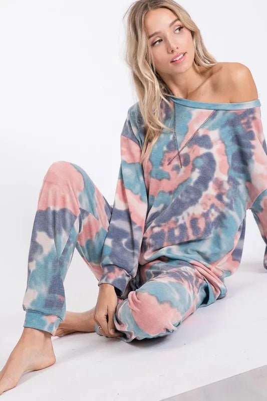 BiBi - Tie Dye Fleece Joggers in Blue & Blush
