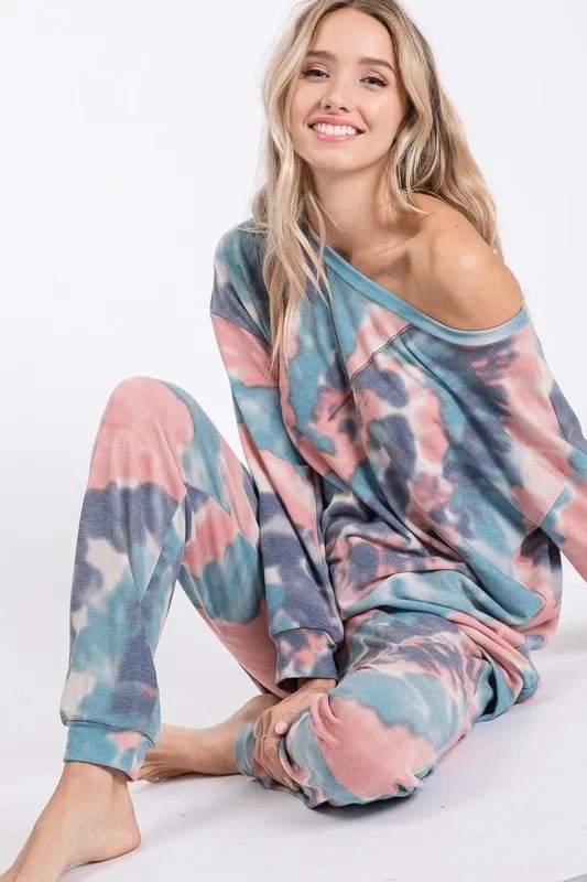 BiBi - Tie Dye Fleece Joggers in Blue & Blush