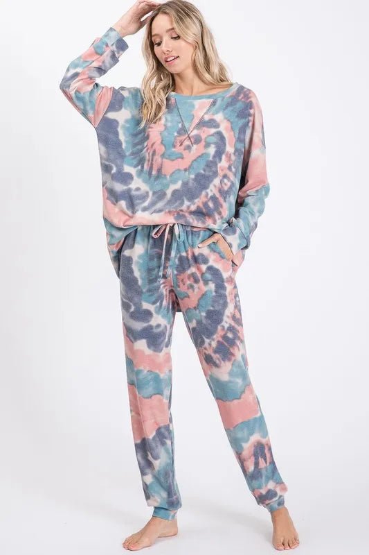 BiBi - Tie Dye Fleece Joggers in Blue & Blush