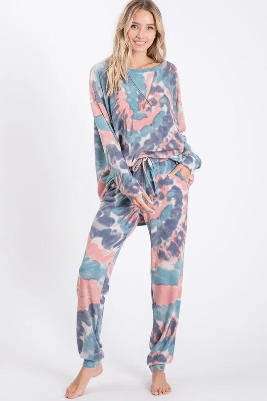 BiBi - Tie Dye Fleece Joggers in Blue & Blush