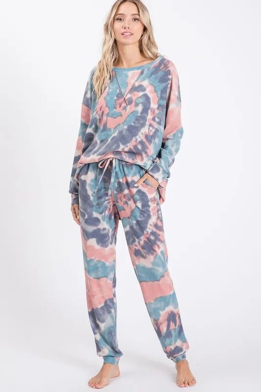 BiBi - Tie Dye Fleece Joggers in Blue & Blush
