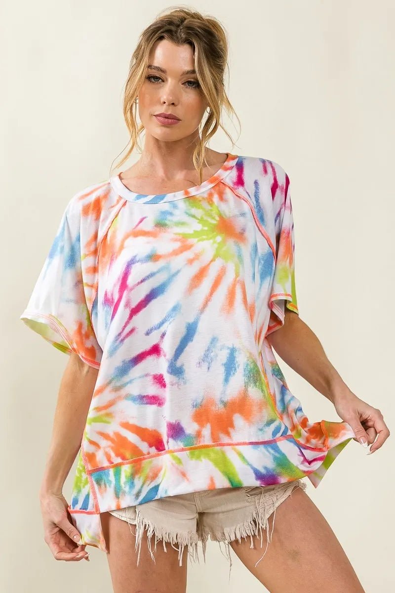 BiBi - Tie - Dye Oversized Tee in Rainbow & White