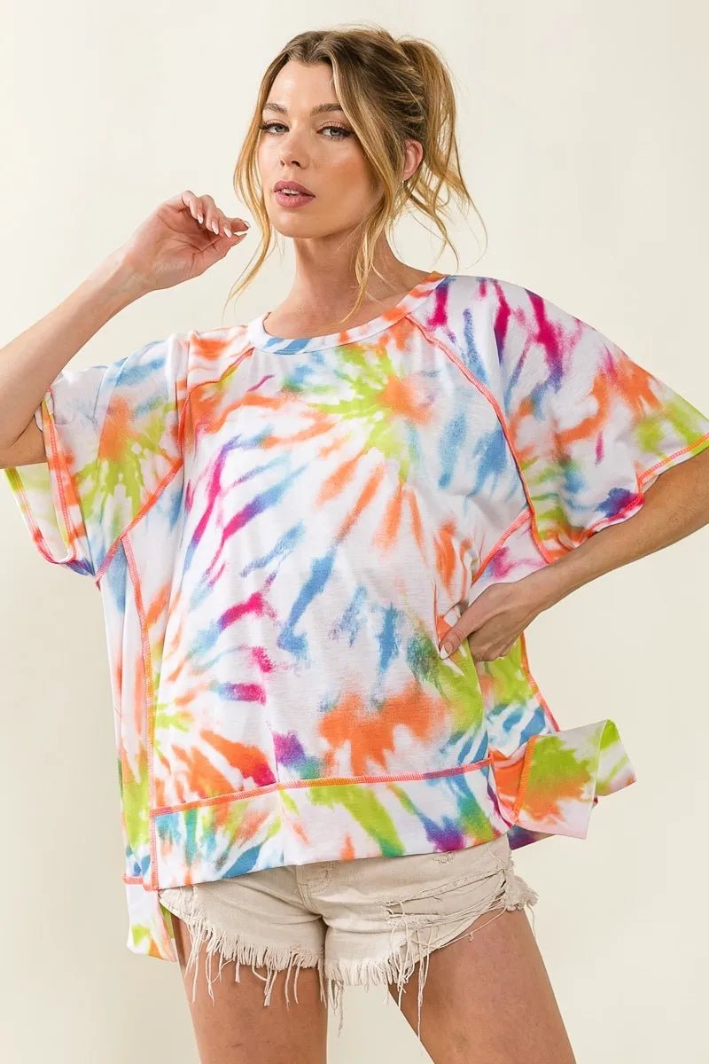 BiBi - Tie - Dye Oversized Tee in Rainbow & White