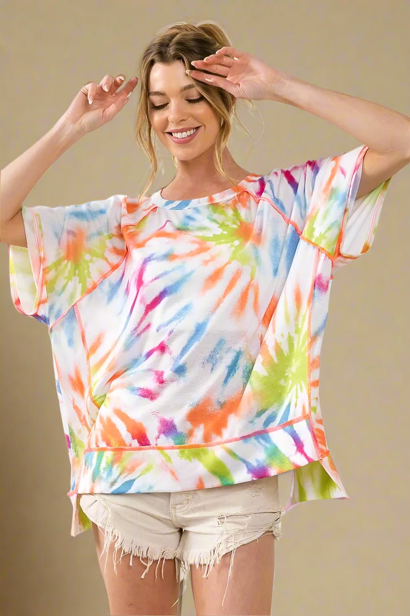 BiBi - Tie - Dye Oversized Tee in Rainbow & White