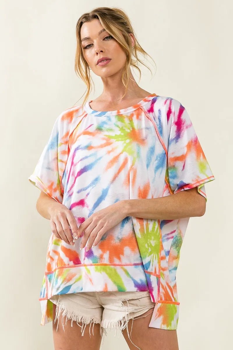 BiBi - Tie - Dye Oversized Tee in Rainbow & White