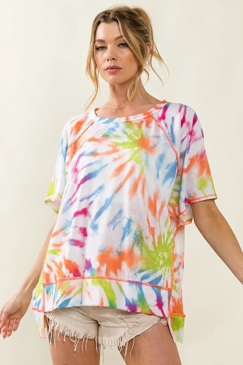 BiBi - Tie - Dye Oversized Tee in Rainbow & White