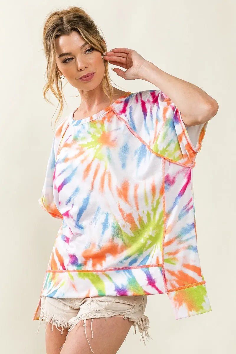 BiBi - Tie - Dye Oversized Tee in Rainbow & White