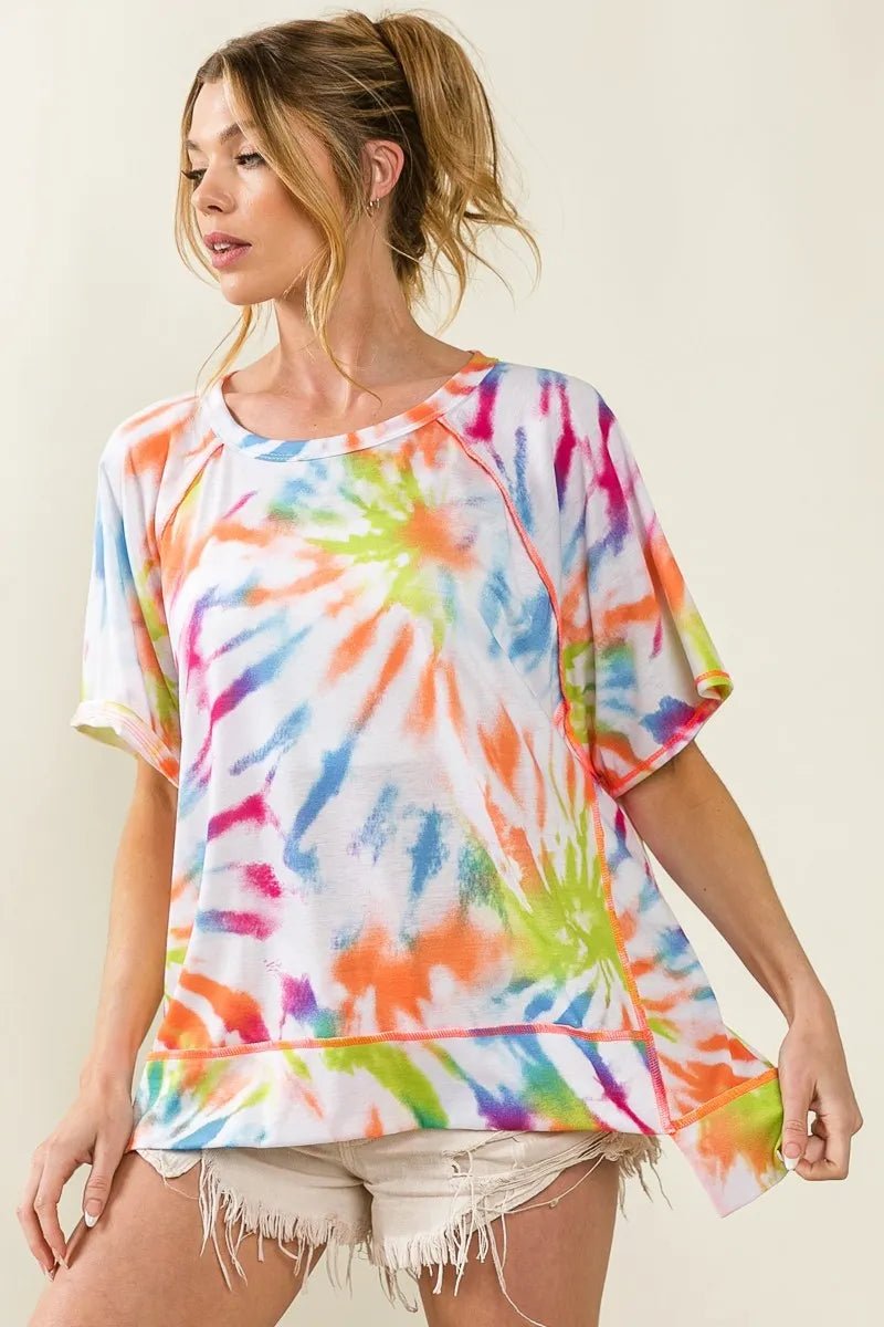 BiBi - Tie - Dye Oversized Tee in Rainbow & White