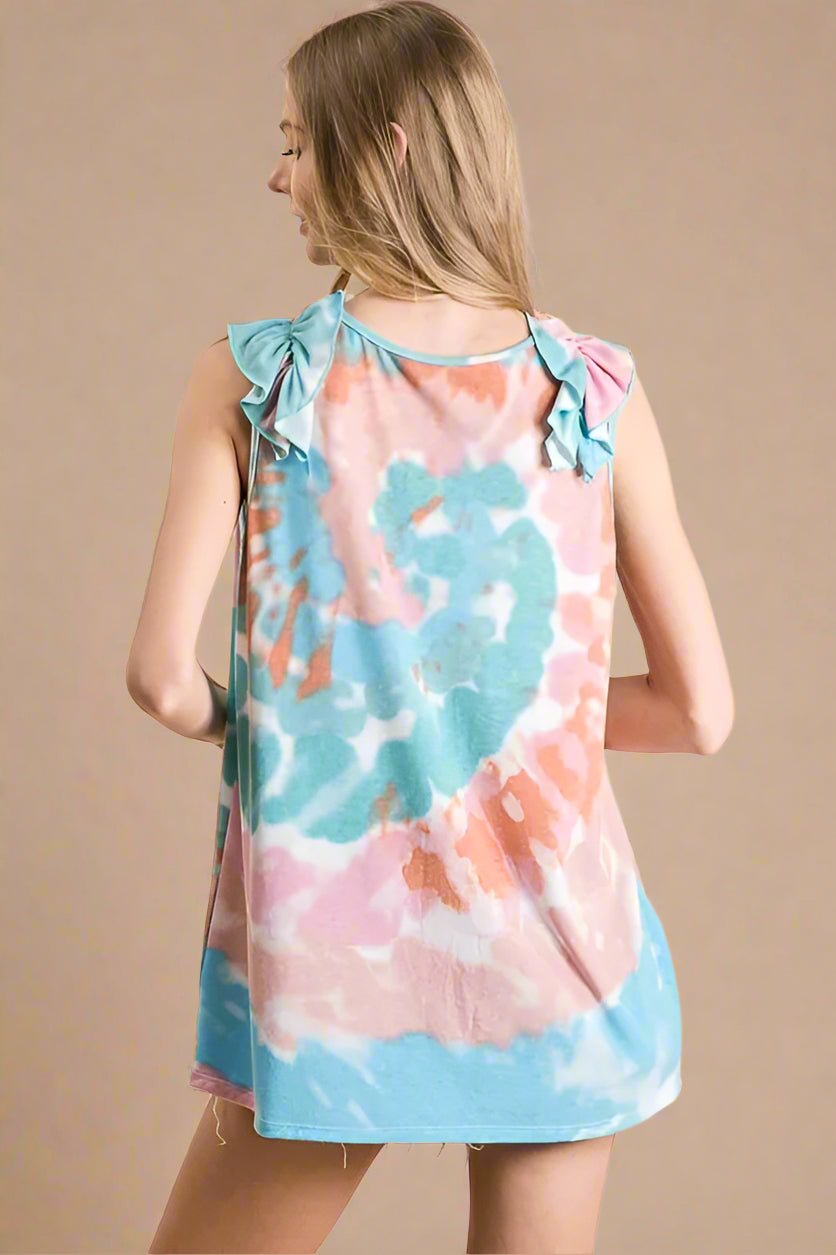 BiBi - Tie - Dye Ruffle Shoulder Tank – Coral & Blue