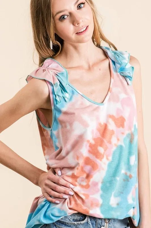 BiBi - Tie - Dye Ruffle Shoulder Tank – Coral & Blue