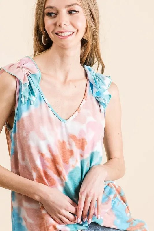BiBi - Tie - Dye Ruffle Shoulder Tank – Coral & Blue