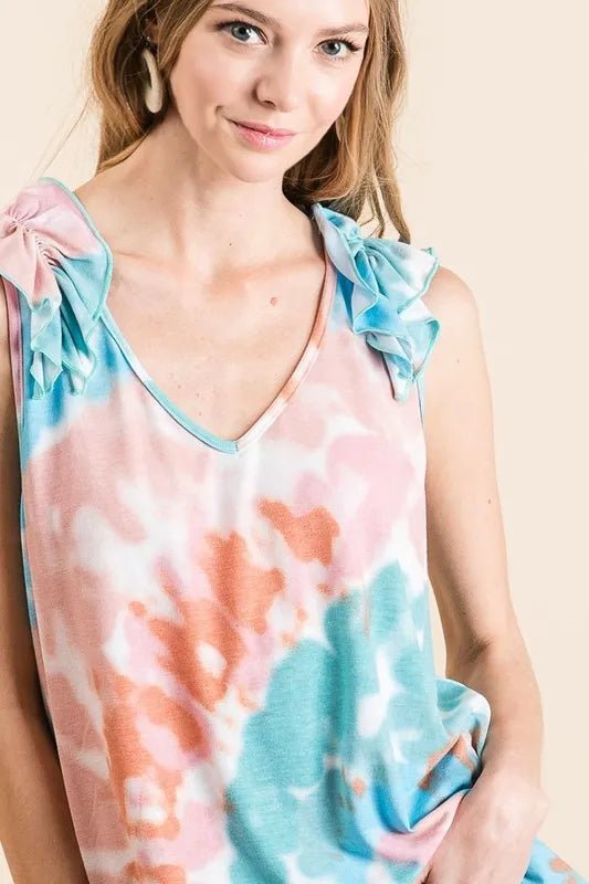 BiBi - Tie - Dye Ruffle Shoulder Tank – Coral & Blue
