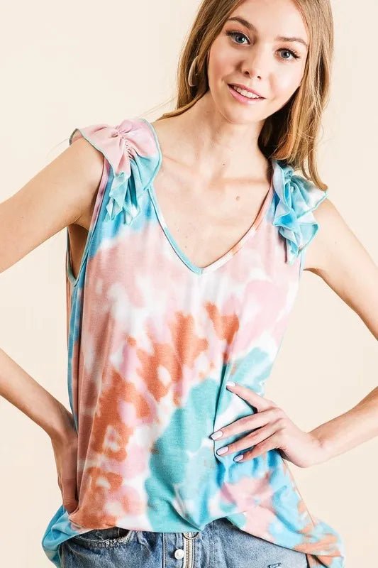 BiBi - Tie - Dye Ruffle Shoulder Tank – Coral & Blue